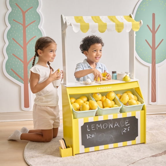 Teamson Kids Wooden Lemonade Stand Playset with 18-Piece Pretend Play Kit & Storage,Yellow & White, Age 3 