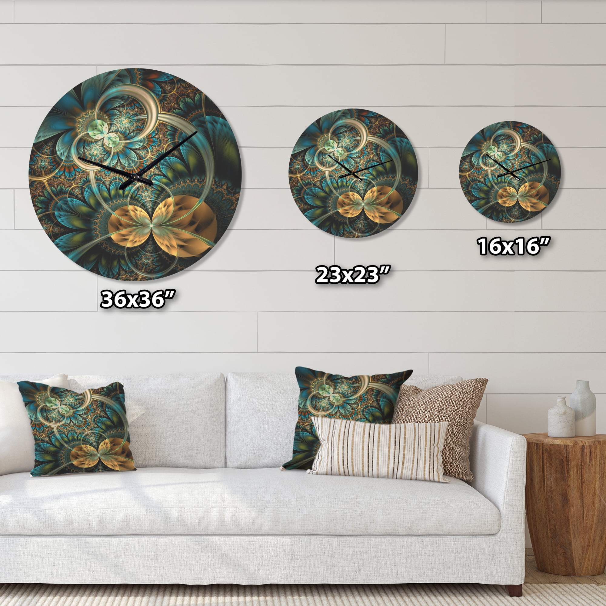 Designart 'Symmetrical Gold Blue Fractal Flower' Modern Wood Wall Clock