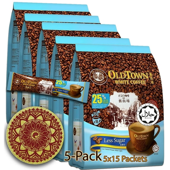 (5-Pack - Less Sugar) OLD TOWN (3 in 1) Less Sugar White Coffee Asian Instant Coffee Package with a WHALEVER Eco Friendly Cork Coasters Coffee Lover Package, oldtown White Coffee 75 Packets