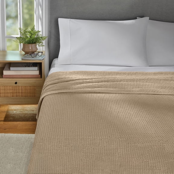 Mainstays Super Soft Cotton Waffle Bed Blanket, Papyrus Beige, Full/Queen Size