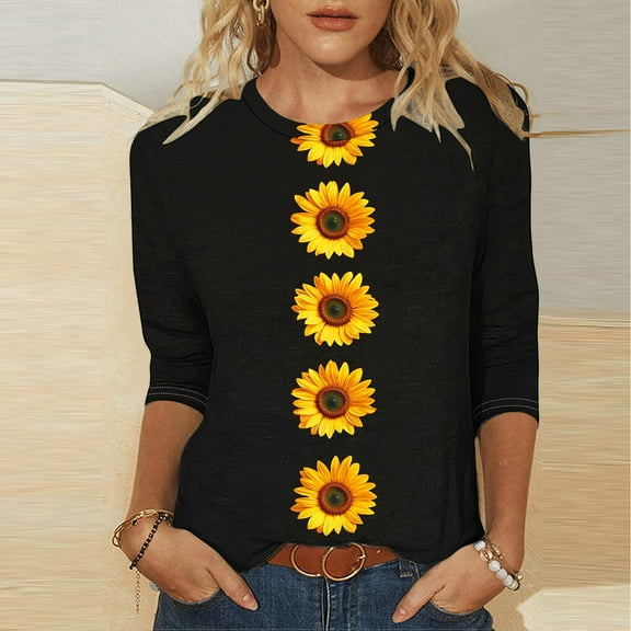 Ayolanni Women's Shirts on Clearance under 10.00 Black 3/4 Sleeve Sunflower Blouses Ladies Blouses L
