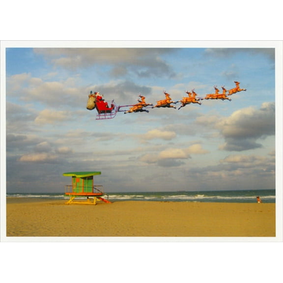 Palm Press Santa and Sleigh Flying Over Beach Warm Weather Box of 10 Christmas Cards