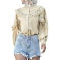 thumbnail image 3 of TWZH Women Stand Neck Buttons Lantern Sleeve Lace Splicing Shirt Blouse Tops, 3 of 6