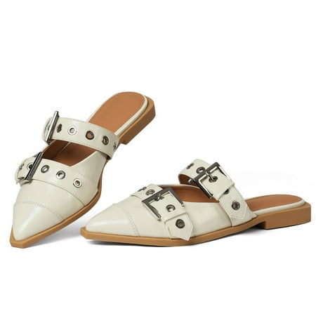 Womens Wide Welt Buckle Ballet Flats Pointed Toe Backless Metallic Buckle Strap Slip On Casual Work Dress Shoes