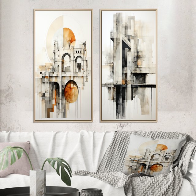 Designart "Minimalistic Connection Grey Bridge II" Bridges Framed Wall Art Set Of 2 - Grey Architecture Framed Wall Art Set Of 2