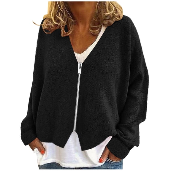 JGGSPWM Womens V Neck Cardigan Zipper Jacket Lightweight Comfort Long Sleeve Knit Open Front Tops Trendy Winter Casual Outfits Black S