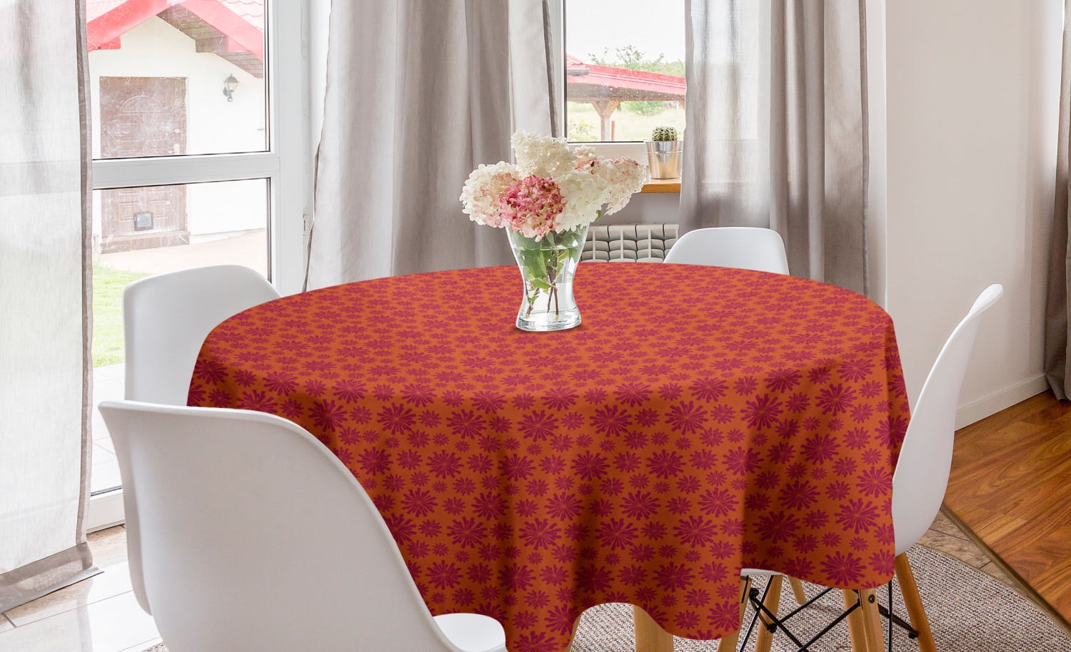 Floral Round Tablecloth, Modern Design with Geometrical Bold Line