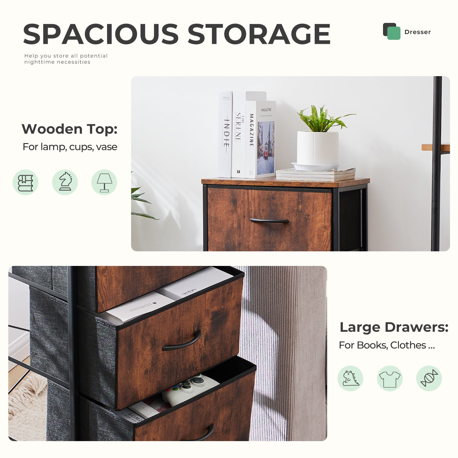 Aidoly Dresser, 4 Storage Drawers, Anti-Tip Fabric Closet Chests Organizer Tower Furniture with Wooden Top, Metal Frame, Rust