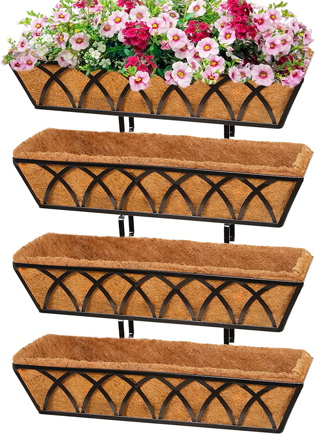 4Pack Horse Trough Window Planter Boxes with Coco Liner, 24 Inch Rust