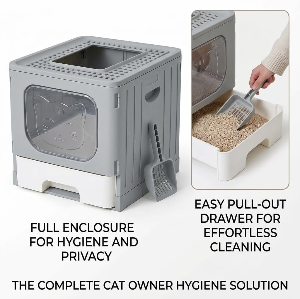 Enclosed Cat Litter Box with Lid, High-Sided Kitty Litter Pan with Drawer and Scoop, Grey