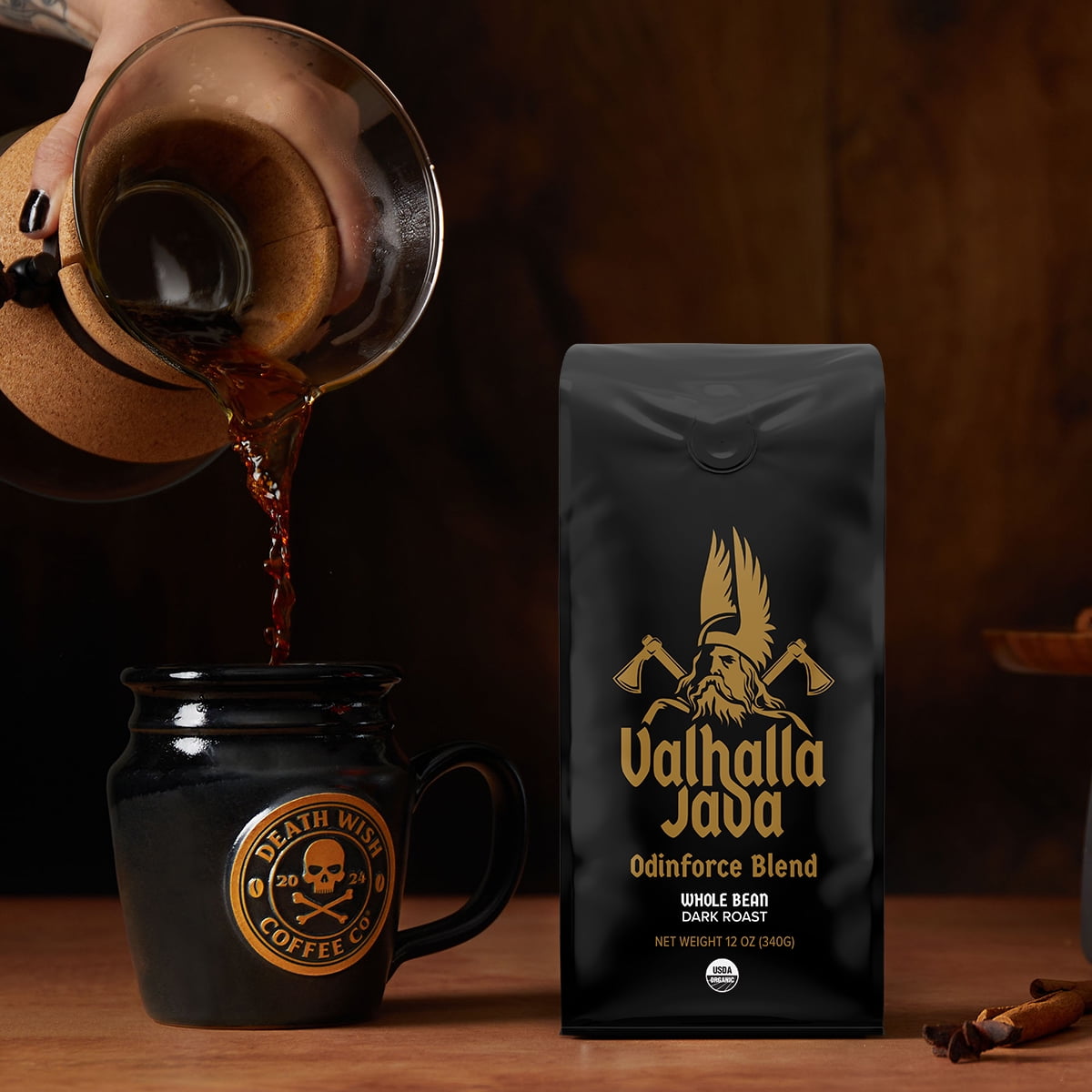 Valhalla Java Odinforce Blend Whole Bean Coffee, USDA Organic and Fair Trade, Medium Roast, Bold Arabica Robusta, 12 oz (2-Pack)