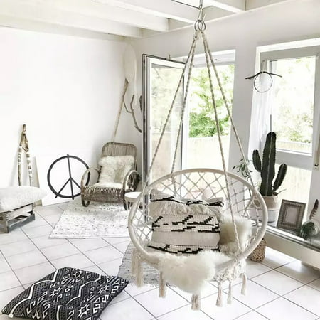 47.2" indoor hanging chair macrame hammock swing chair cotton rope outdoor  garden 260lb