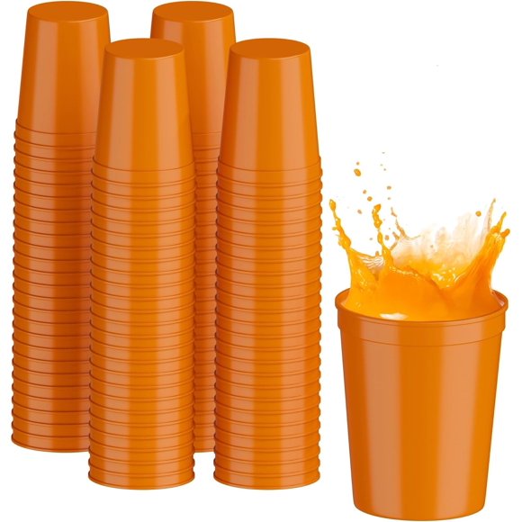 PartyPrints 100 Pack 16 oz Orange Reusable Blank Plastic Cups, Stadium Cups Bulk – BPA Free Top Rack Dishwasher Safe, Party Colored Cups Perfect for Weddng, Birthday Graduation, Clubs