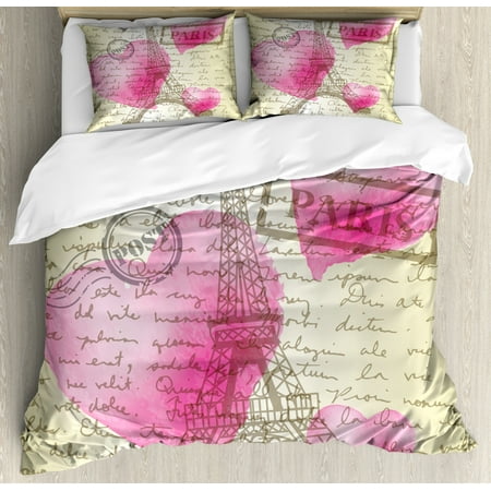 Eiffel Tower Duvet Cover Set Watercolor Hearts And Handwriting On