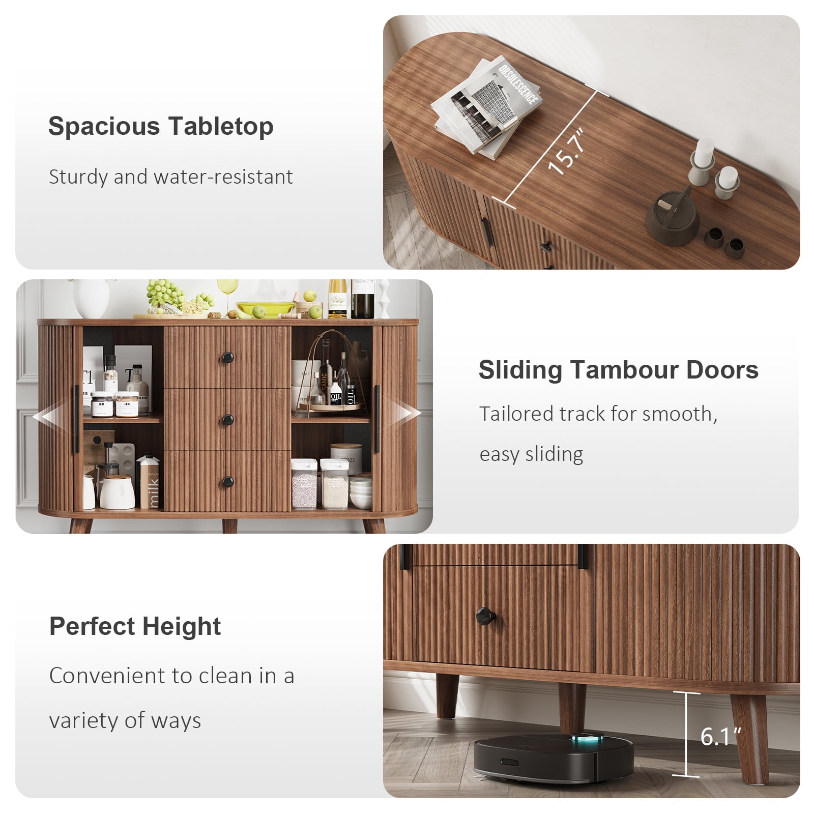 Hommoo Sideboard Buffet Cabinet with 2 Sliding Tambour Doors and 3 Drawers, Credenza Storage Cabinet with Adjustable Shelves for Living Room, Walnut