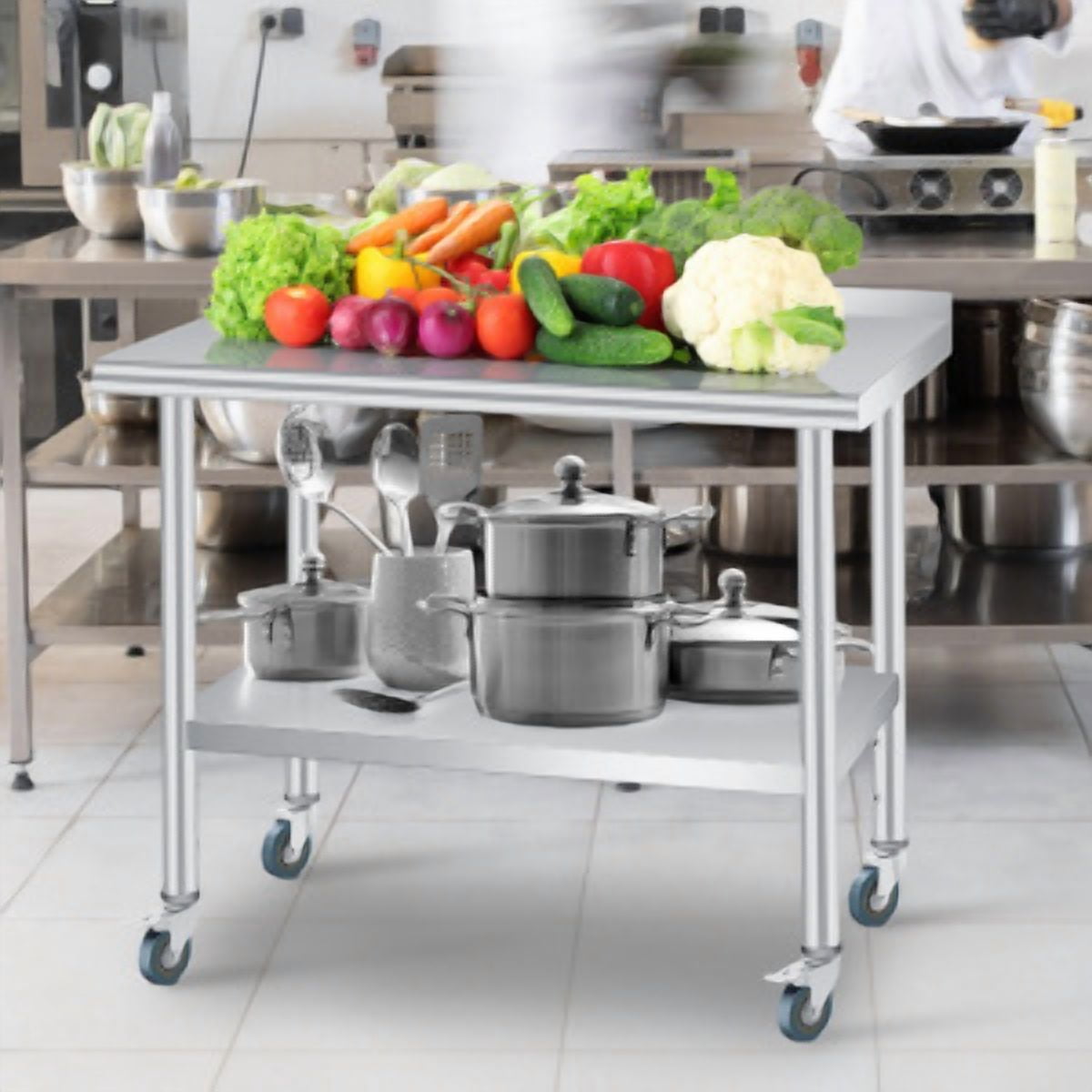 Ataucjin Stainless Steel Table for Prep & Work with Backsplash and 4 Caster Wheels, Commercial Heavy Duty Table with Adjustable Under Shelf for Commercial Kitchen Restaurant Busines