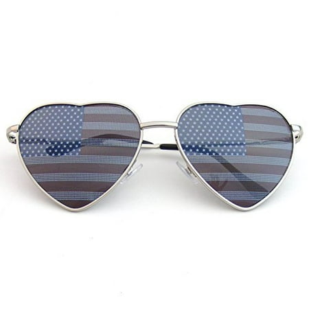 Emblem Eyewear - Premium US Aviator USA American Flag Sunglasses United States Stars Heart Shades (Silver)