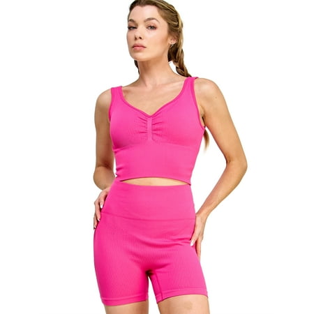 

Workout Sets for Women Seamless Ribbed Sport Bra High Waist Running Shorts Gym 2 Piece Yoga Sets