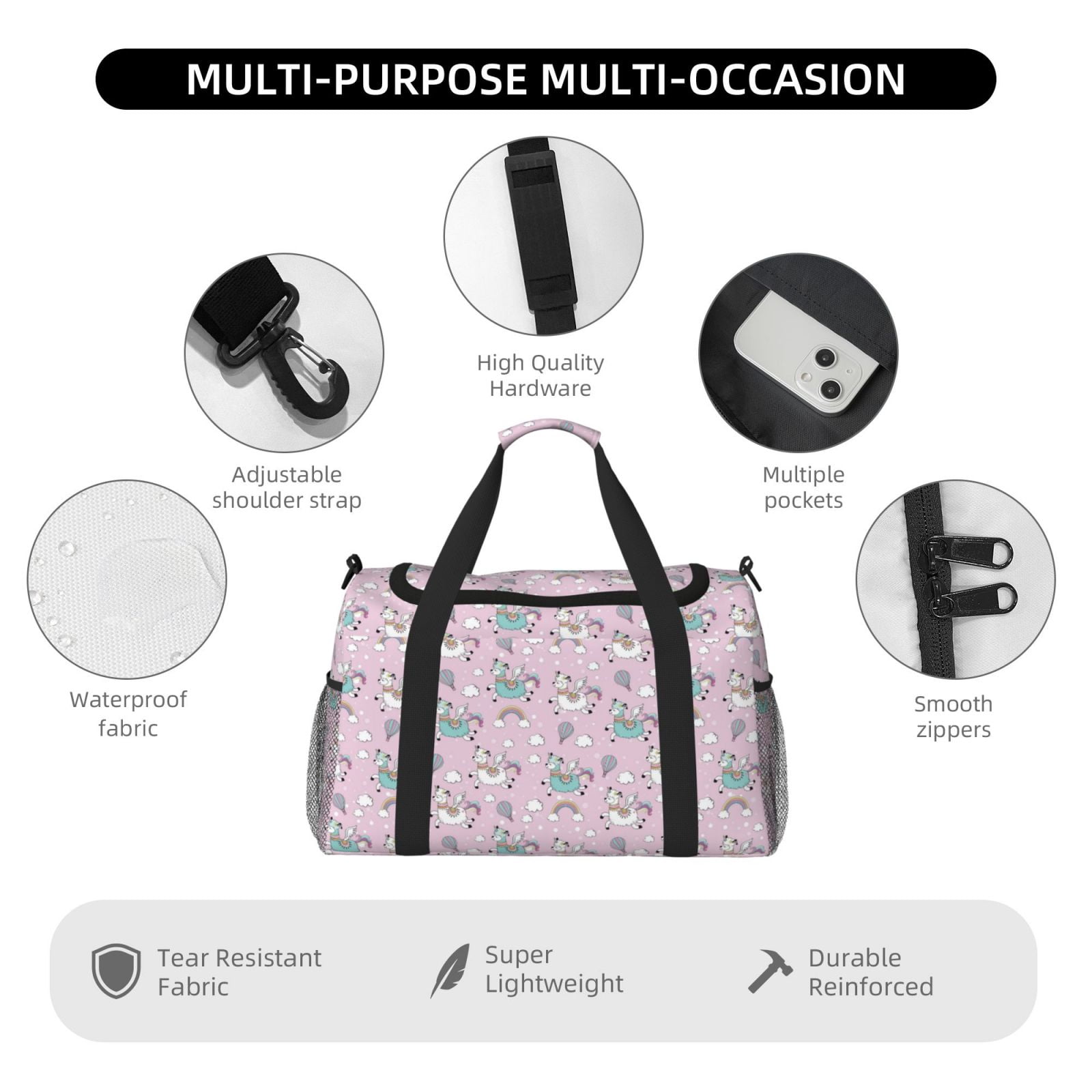 Fuzoiu Llama Unicorn and Rainbow Print Travel Duffle Bag,Carry On Tote Bags,Duffel Bag,Sport Gym Bag, Hospital Bag for Labor and Delivery, Overnight Bag,Luggage Bag