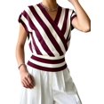 thumbnail image 2 of Women Tops Cap Sleeve Dressy Casual V Neck Stripe Shirts Summer Business Work Blouses Outfits Wine Red L, 2 of 9