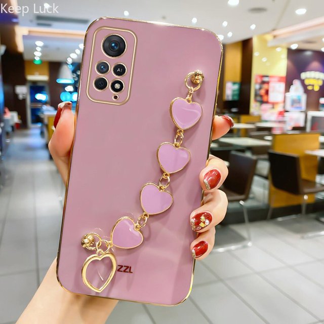 Funda de cadena con pulsera de corazón de amor chapada a la moda para Xiaomi Redmi Note 11 12 11S 10 10S 10C 10A 9S 9T 9C 12T, funda a prueba de golpes Fivean unisex