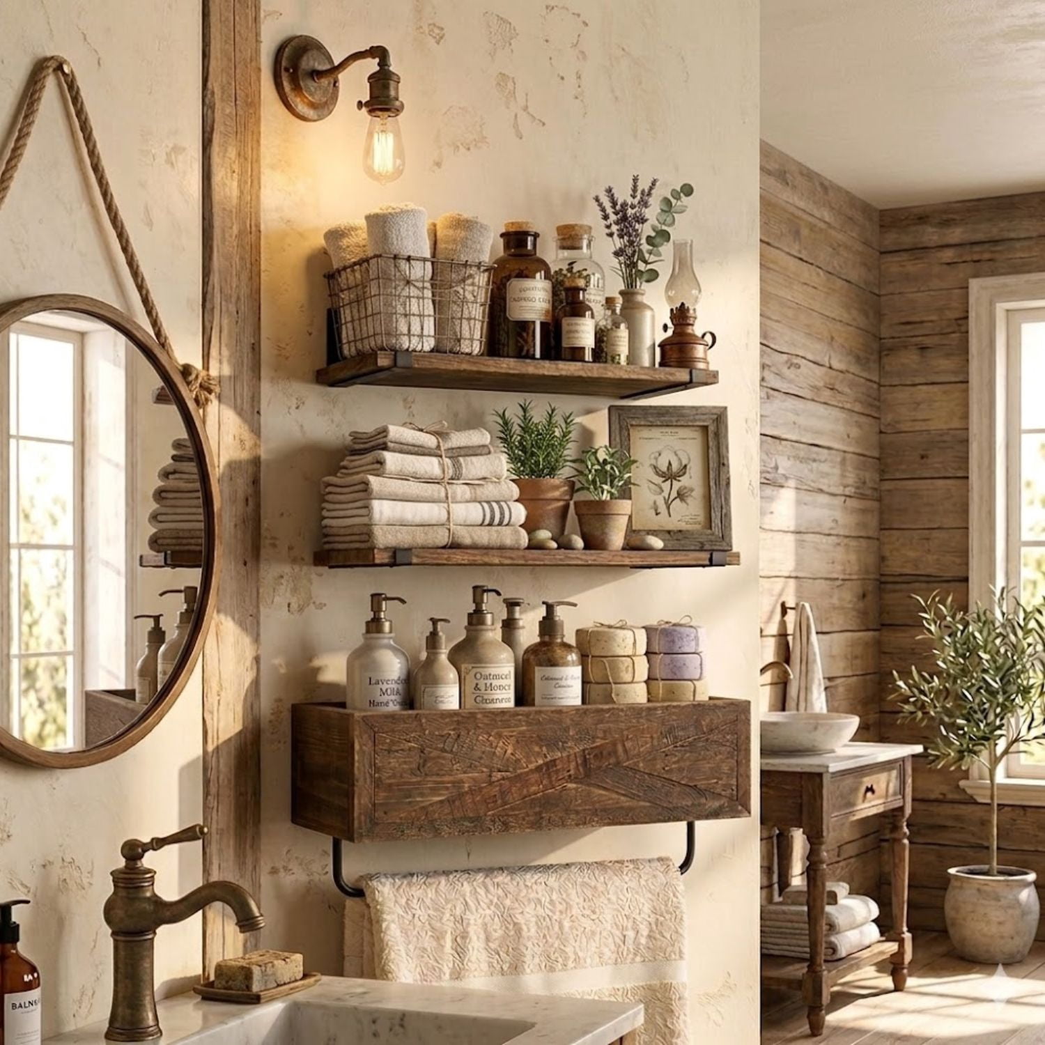 Autumn Alley Rustic Farmhouse Bathroom Shelves Wall Mounted – Industrial Floating Shelves for Bathroom With Towel Bar – Stunning Inlaid Wood Design, Above Toilet Shelves Rustic Towel Rack
