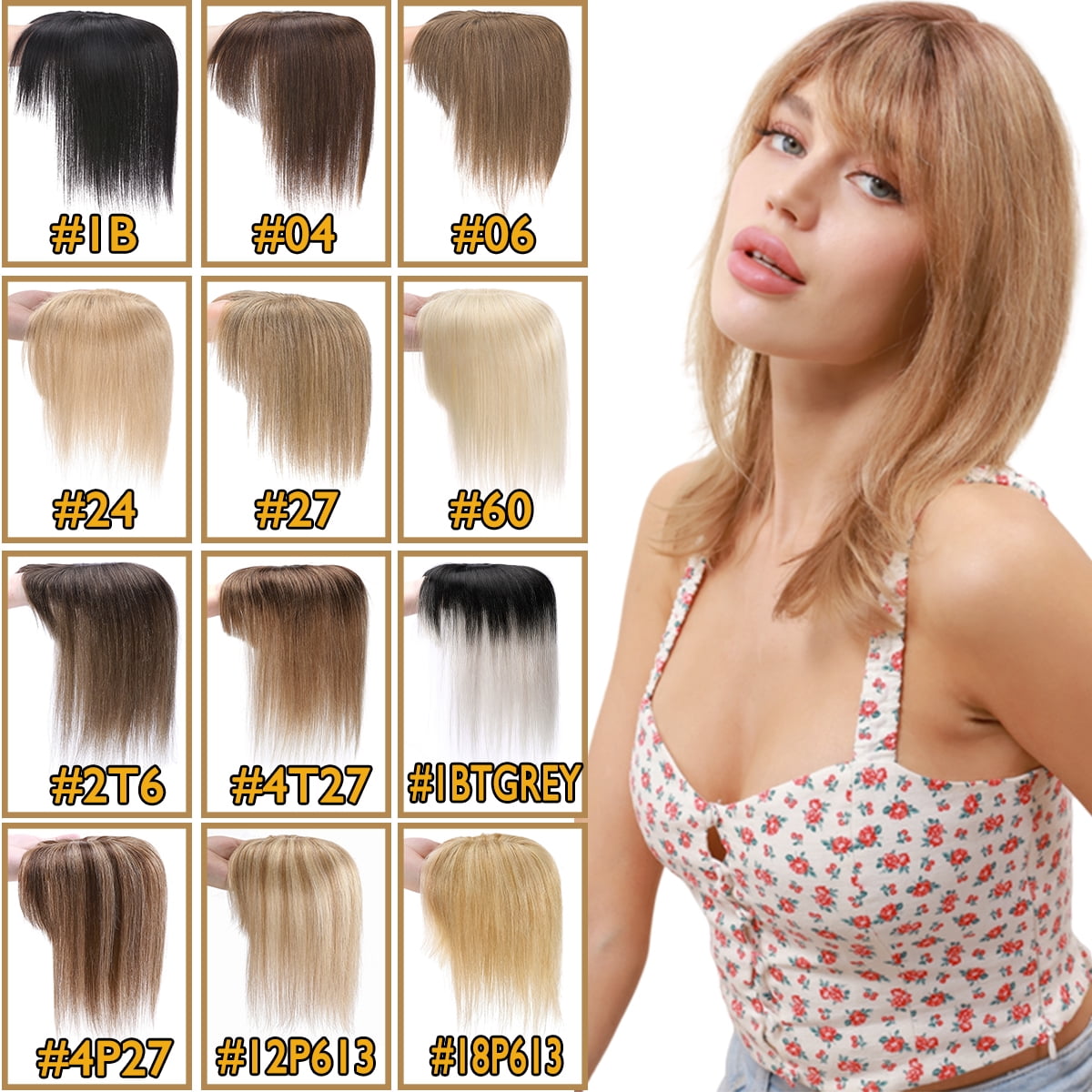 HAIRRO Hair Toppers Clip In 100% Human Hair Extensions with Bangs Upgrade Hair 150% Density 7*13CM Silk Base Clip in Hair Pieces For Women With Thinning,Hair Loss Cover Gray Hair