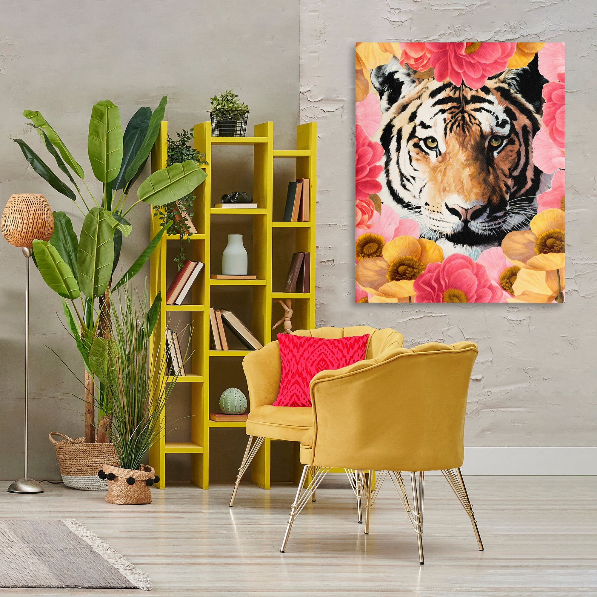 Stupell Industries Tiger on Dahlia Florals Animals Painting Wrapped Canvas Art Print Wall Art, 36 x 48