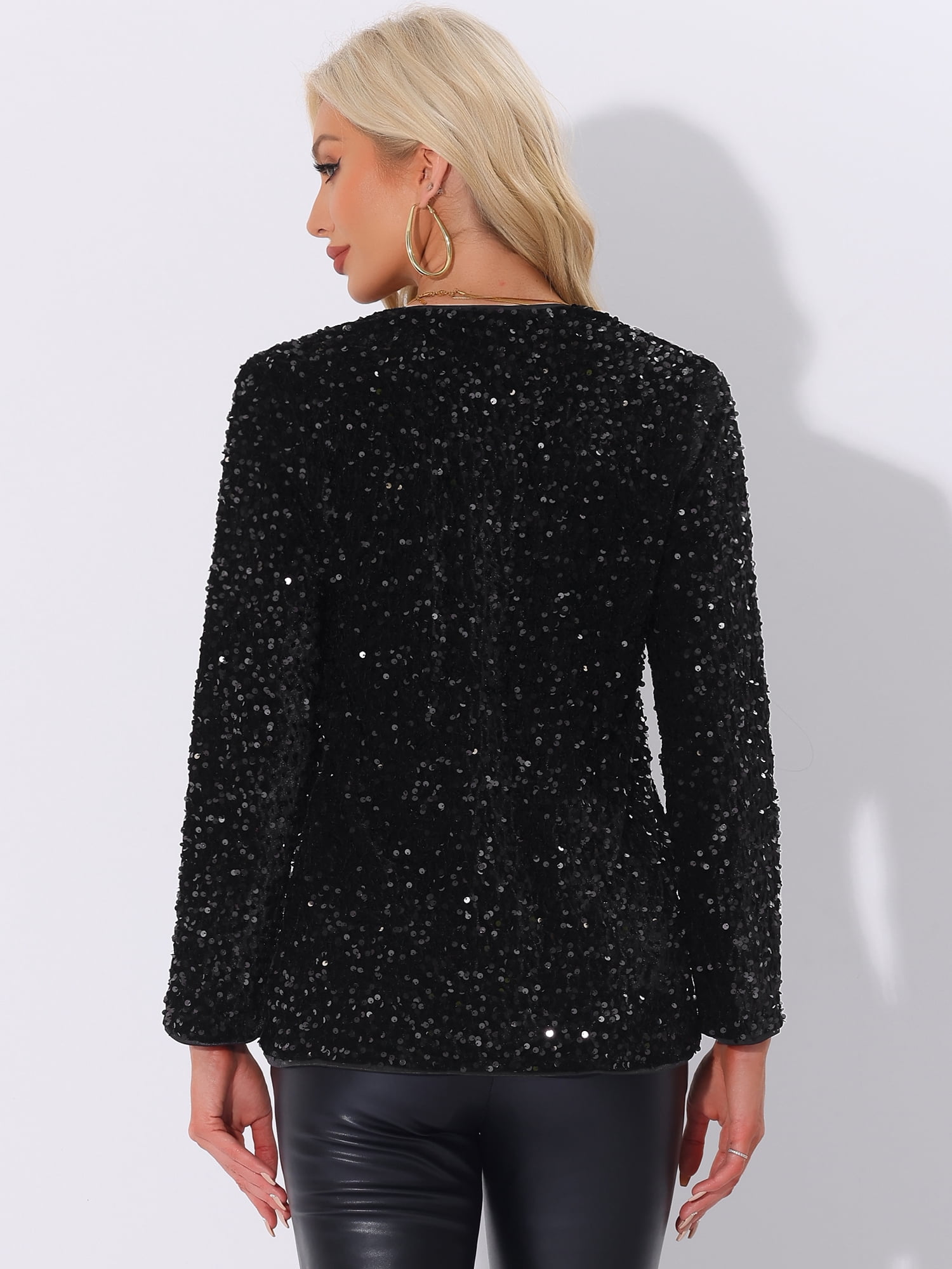 DARING DIVA Sequin Blazer Jacket Sparkly Open Front Cardigan XS Black