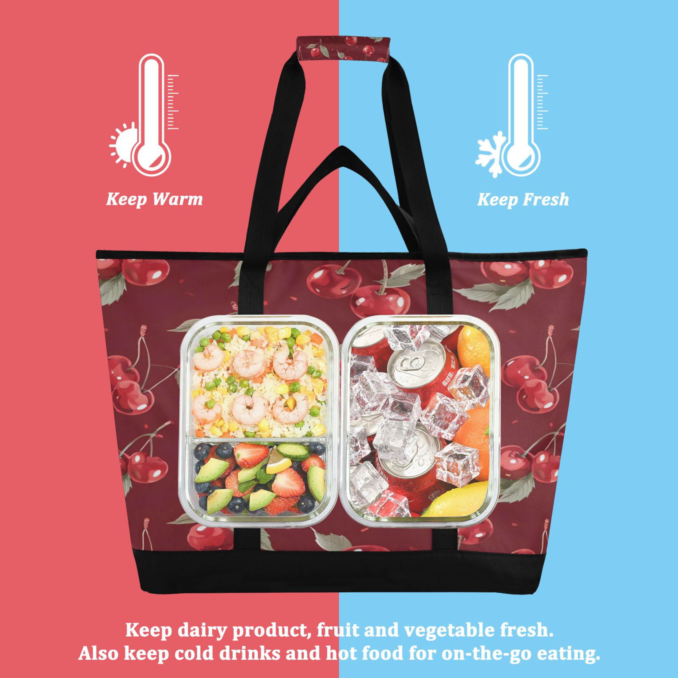 Large Hand-held Ice Pack Picnic Bag Insulation and Refrigeration Suitable for Shopping Picnics and Camping Red Cherry