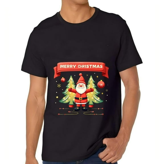 Men's Cotton Short Sleeve T-Shirt - Festive Santa Claus Design with Christmas Trees ' MERRY CHRISTMAS ' Banner