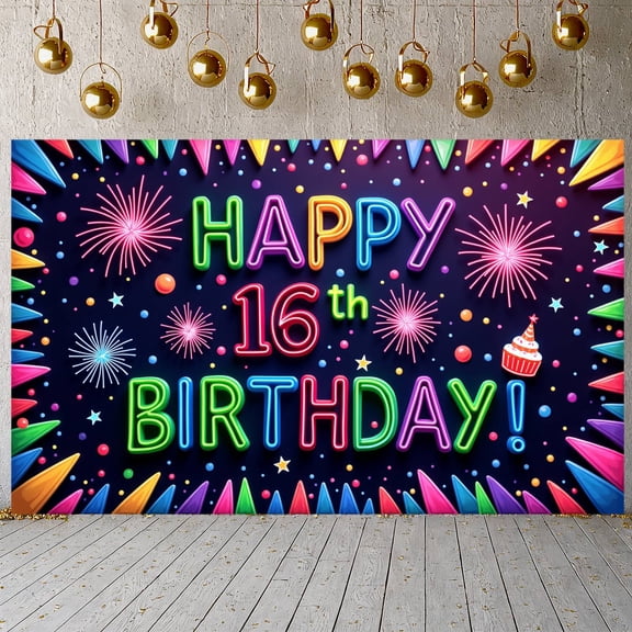 Neon  Happy 16th Banner Colorful Sweet 16 Display Firework Design Star Pattern Birthday Backdrop for 16th Birthday Party Teen Celebration Indoor Party