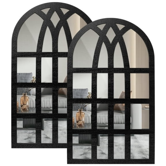 EUWBSSR 2Pcs Acrylic Rectangle Windowpane Mirror Wood Framed Mirror Wall Decor for Living Room Entryway Dining Room 44x26cm/44x22cm(Black, Arch)