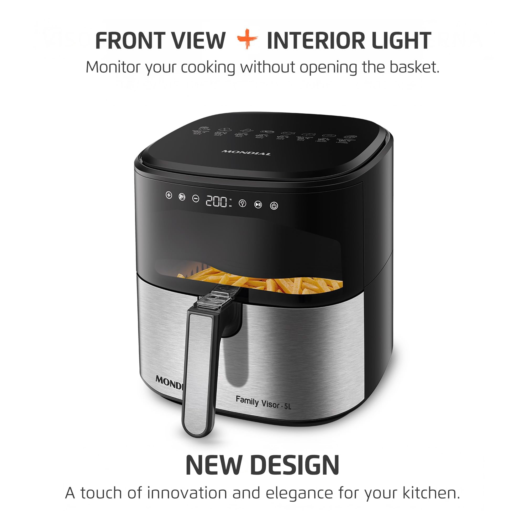 Mondial Digital Air Fryer, Touchscreen Display, 5.3 Qt, 1800W, Black Stainless Steel