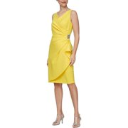 Alex Evenings V-Neck Sleeveless Brooch Side Tiered Zipper Back Dress-CANARY / 8
