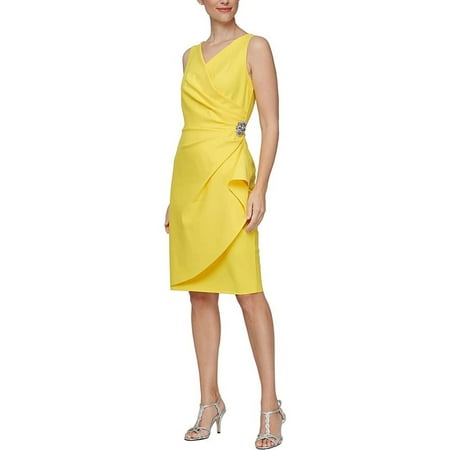Alex Evenings V-Neck Sleeveless Brooch Side Tiered Zipper Back Dress-CANARY / 8