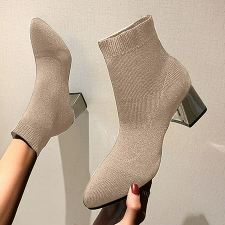 

Tangnade Boots for Women on Sale Fashion Women s Shoes Knitting Breathable Solid Pointed Toe Chunky High Heels Thigh Boots