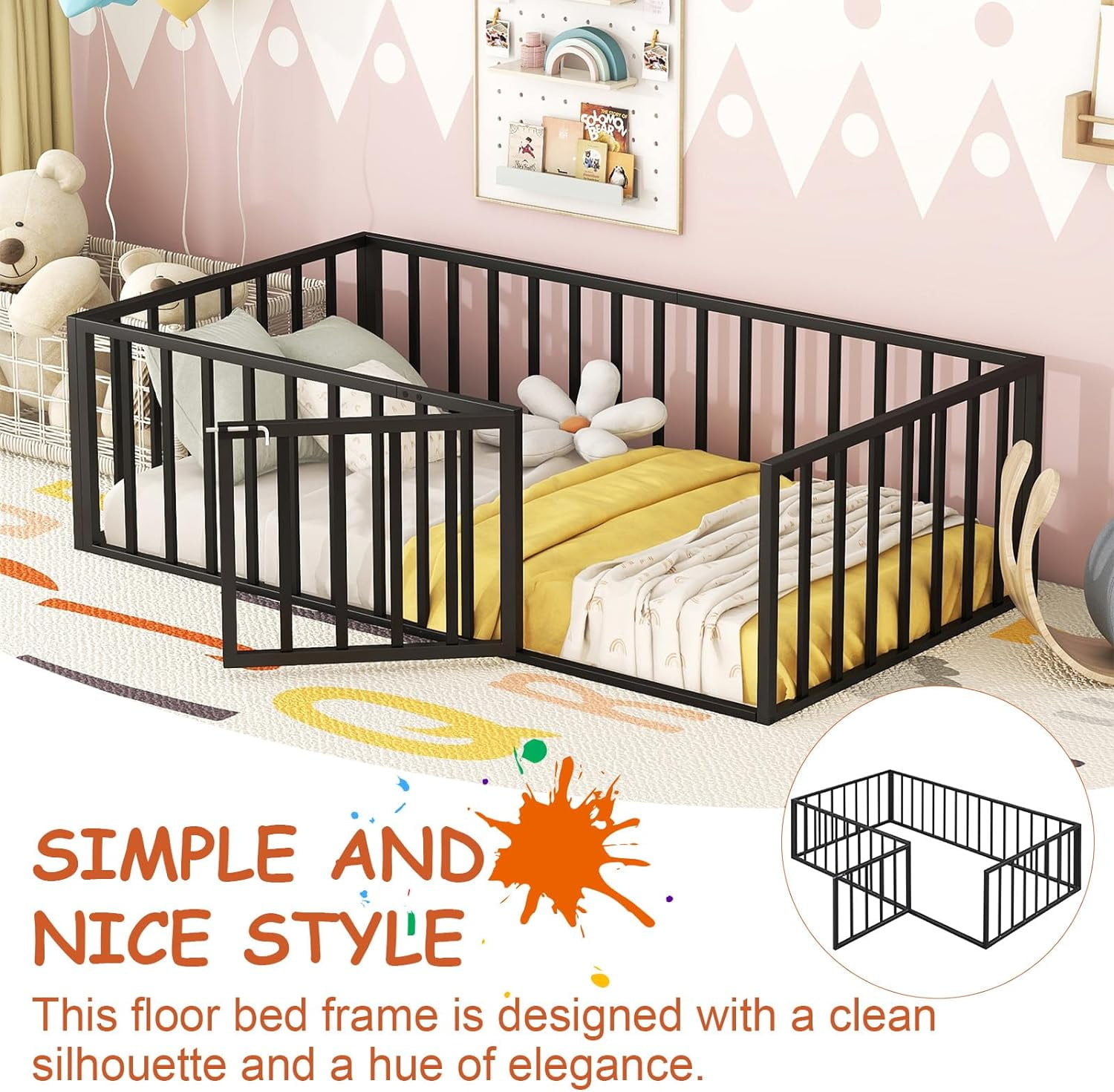 DreamBuck Twin Montessori Floor Bed with Safety Fence and Door, Metal Floor Bed Frame, Minimalist Versatile Floor Bed for Boys, Girls, Twin Bed Frame for room, Playroom