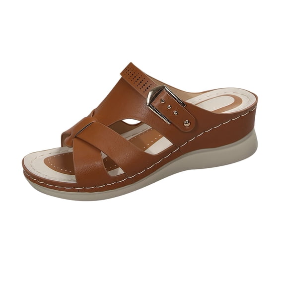 Hopeusnice Slippers for Women Open Toe Sandals Breathable Non-Slip Women's Slippers PU Materials Summer Shoes Thick-Soled Heel Trendy Soft Outdoor Shoes Brown 36
