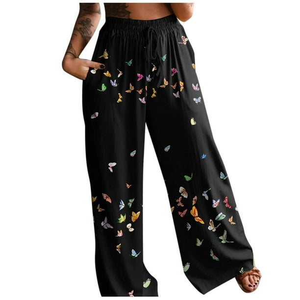 Pantalones de pijama cómodos para mujer, pantalones de yoga de pierna ancha, pantalones sueltos con estampado floral de mariposa, pantalones casuales para correr Fridja hfkajh98995