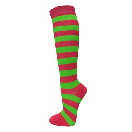 

Couver Halloween Colorfull 2 Colored Wider Striped Knee High Socks - Hot Pink / Bright Green