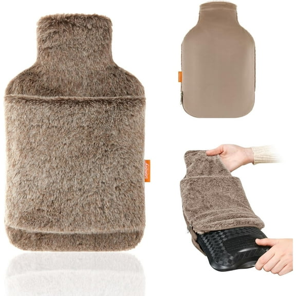 samply Hot Water Bottle with Soft Thick Faux Fur Cover and Hand Pocket,2L Hot Water Bag for Hot Compress, Pain Relief, Body Warmer, Umber