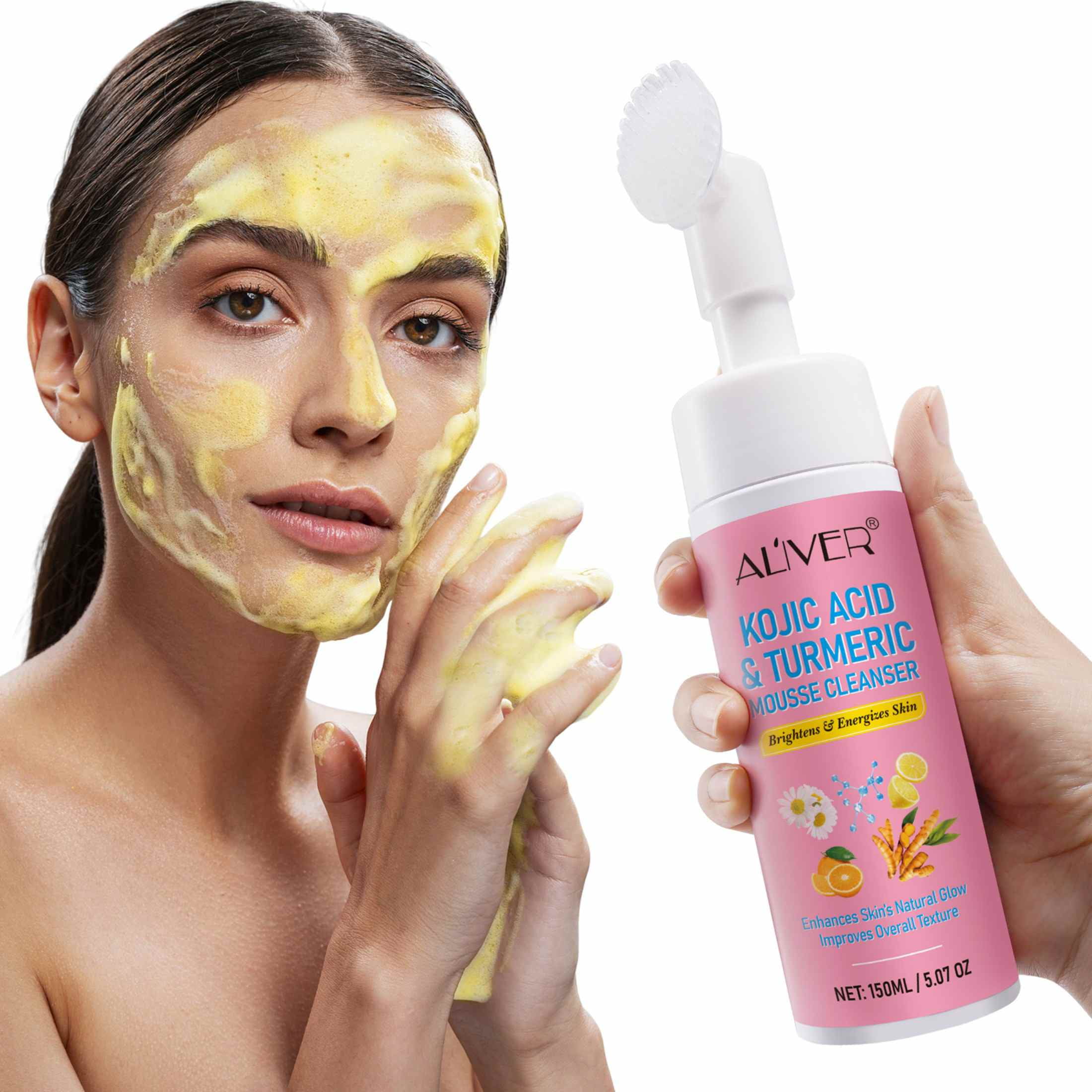 Aliver 3-Pack Turmeric Kojic Acid Foaming Face Cleanser, Deep Cleaning, Moisturizing, Easy to Use, For All Skin Type