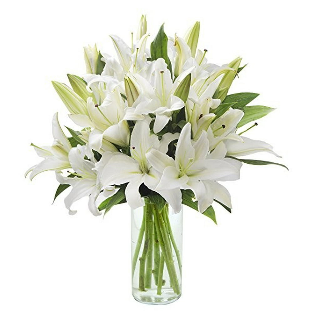 KaBloom Fresh Flowers Bouquet of 13 White Oriental Lilies in a Glass Vase