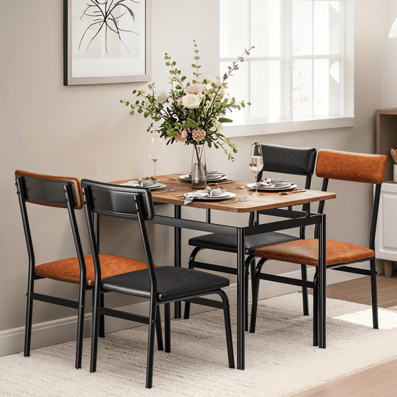 Luku 5 Piece Dining Table Set, Wood Table & 4 PU Chairs, Industrial Metal Frame Kitchen Set