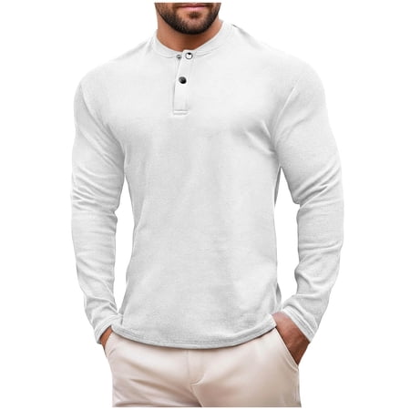 FAWUUDO Men s Solid Color Crew Neck Button Detail Dralon Long Sleeve T-shirt Top Base Layer Tops Versatile XL White