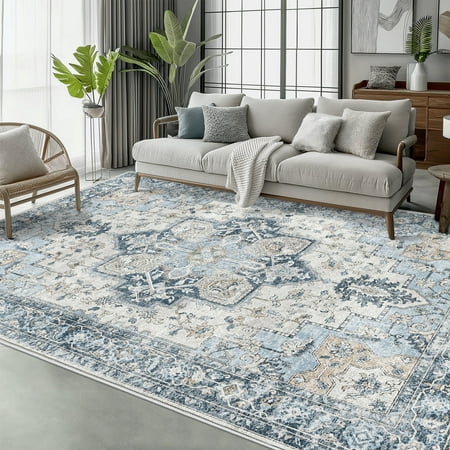 kueth modern 6x9 area rugs for living room, non slip machine washable retro rugs, low pile chenille print rug for bedroom, dining room, home office, blue
