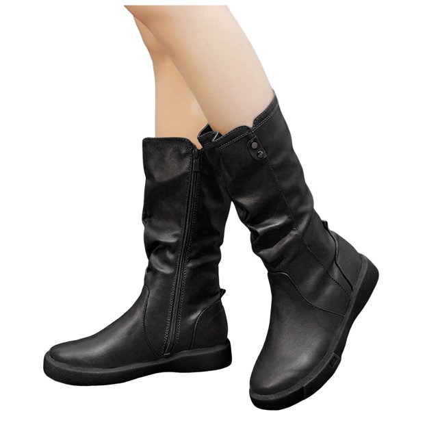 Bottes Cavalières Mi-Mollet Décontractées pour Femmes en Cuir, Bout Rond, Talon Bas Plat, Bottes Cavalières d'Hiver et d'Automne