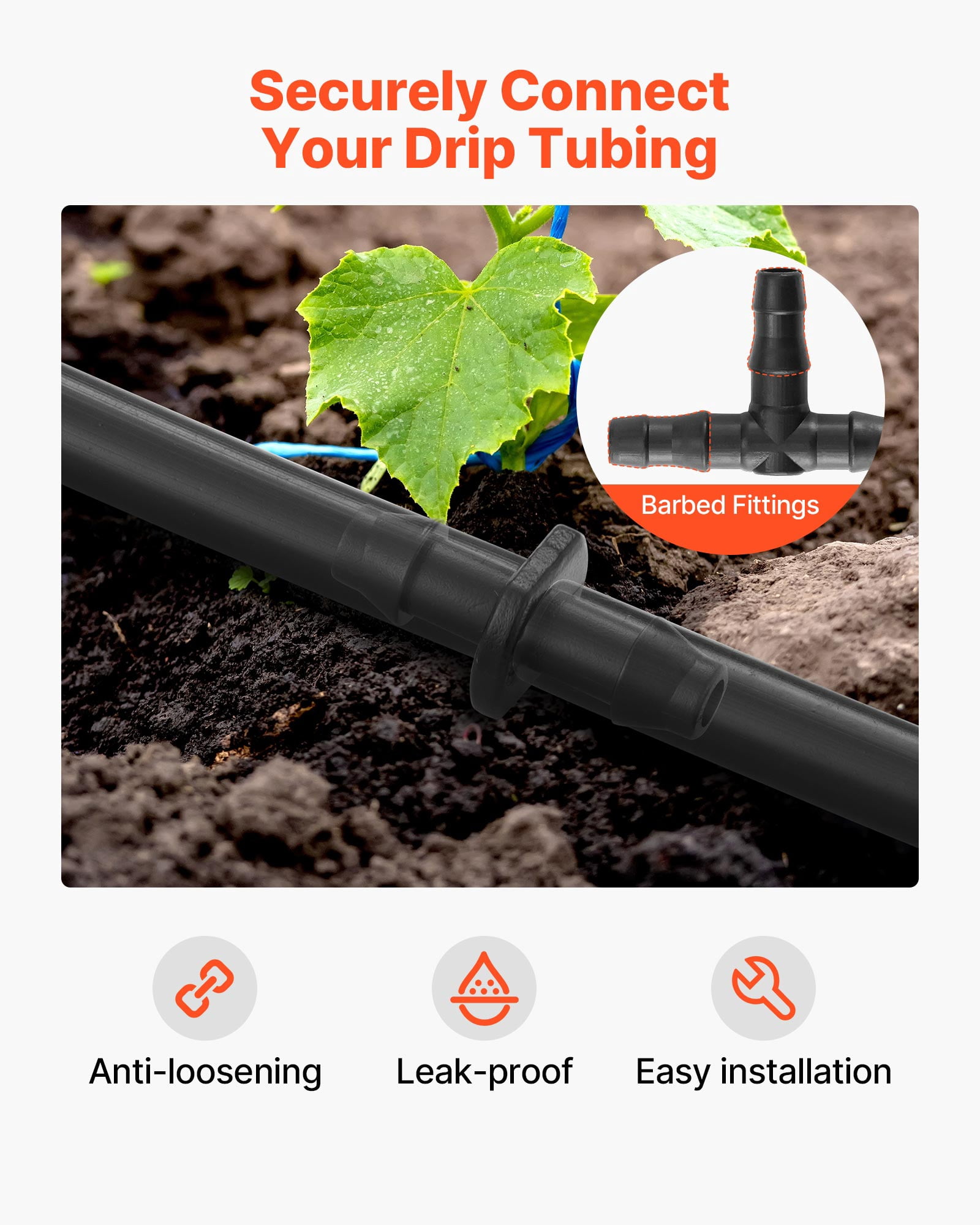 VEVOR Drip Irrigation Fittings Kit for 1/4" Tubing, 300 Pcs Drip Irrigation System Parts, Tees, Straight Barb, 4 Way Coupling, Elbows, End Plug, Single Barbs, Barbed Connectors for Yard Garden Lawn