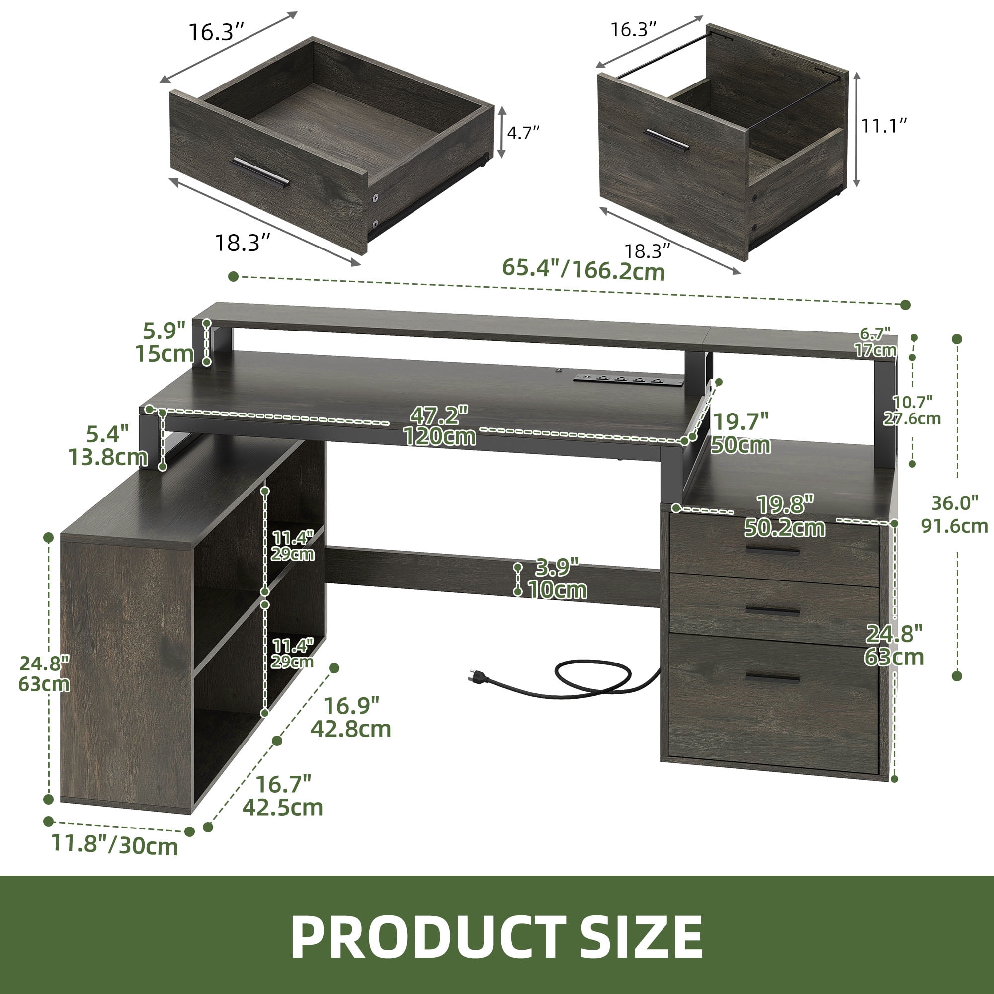 Uforic L Shaped Desk with LED Light & Power Outlets, Corner Computer Desk with Drawers & Open Storage Shelves, Gray